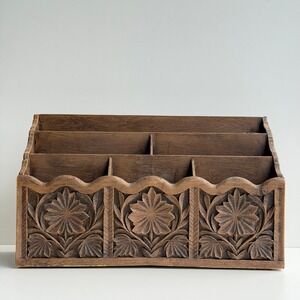 Lerner Faux Wood Letter Organizer Desk Caddy Brown Vintage Floral Carved Design